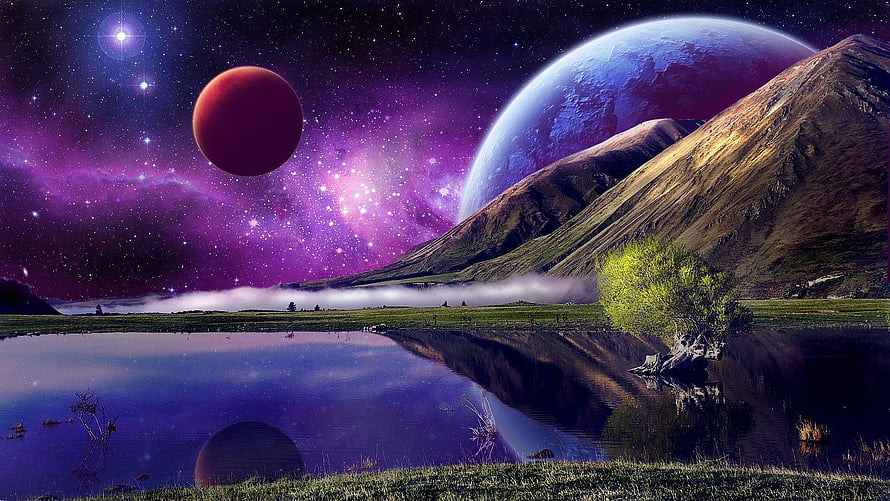Alien Landscape with Twin Planets, Nebula Sky, and Reflective Mountain Lake HD wallpaper
