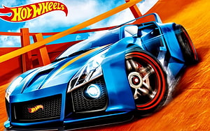 Hot Wheels Blue Sports Car Illustration on Orange Track HD wallpaper
