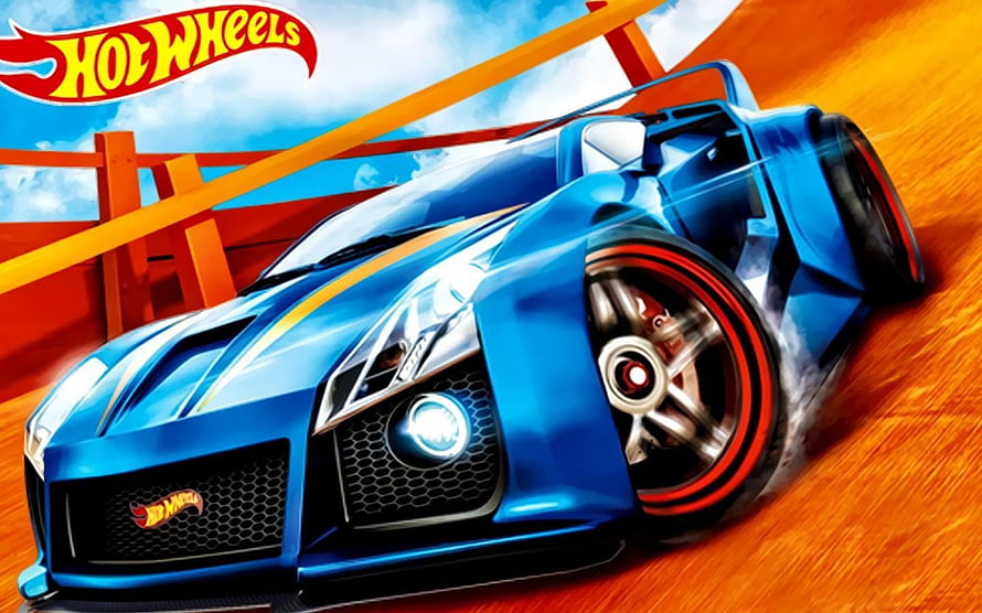 Hot Wheels Blue Sports Car Illustration on Orange Track HD wallpaper