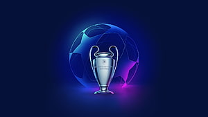 UEFA Champions League Trophy with Glowing Soccer Ball on Dark Blue Background HD wallpaper
