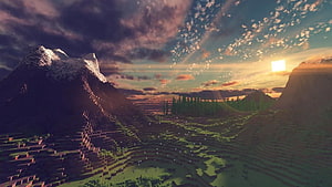 Minecraft Shaders Landscape with Snowy Peaks and Golden Sunset Sky HD wallpaper