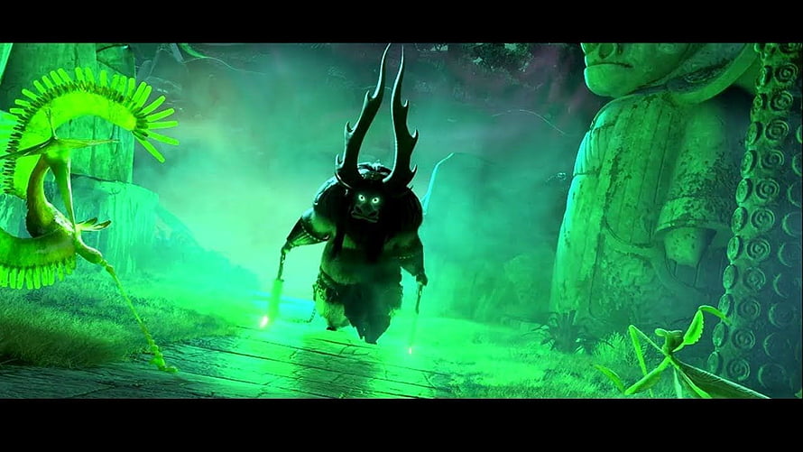 Kai the Antagonist in Kung Fu Panda 3 Amidst Green Mist and Ancient Stone Statues HD wallpaper