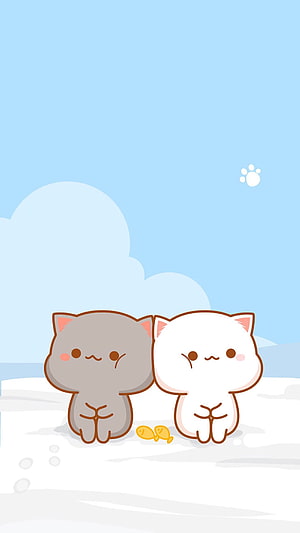 Cute Kawaii Cartoon Cats Sitting on Snowy Beach with Fish Treats HD phone wallpaper