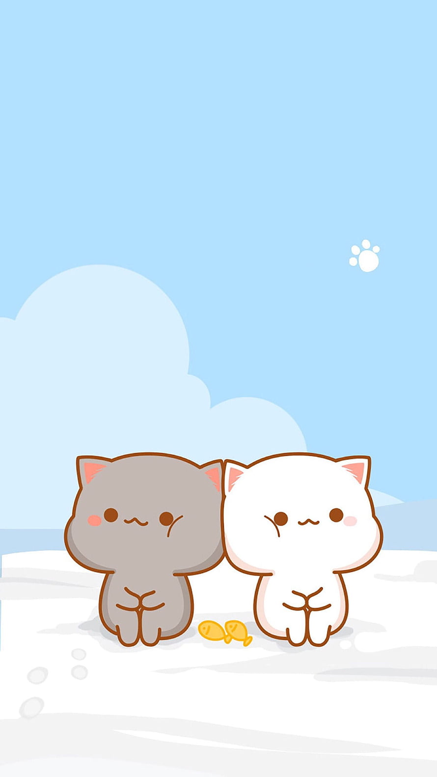 Cute Kawaii Cartoon Cats Sitting on Snowy Beach with Fish Treats HD phone wallpaper