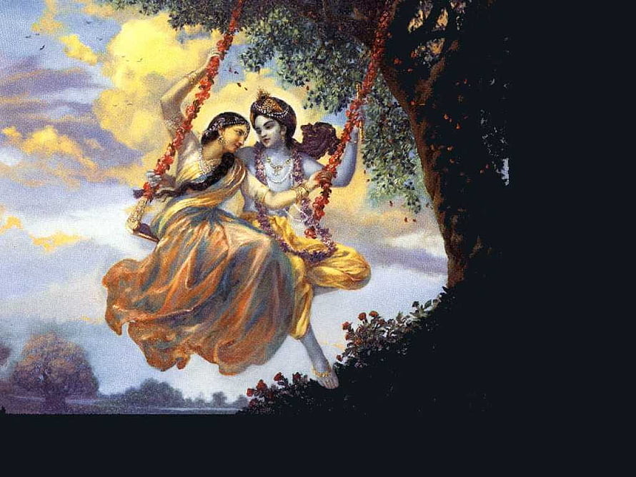 Radha and Krishna on a Flower-Adorned Swing in a Serene Landscape HD wallpaper