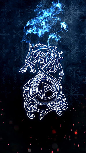 Glowing Norse Dragon Knot with Blue Flame and Runes on Dark Background HD phone wallpaper