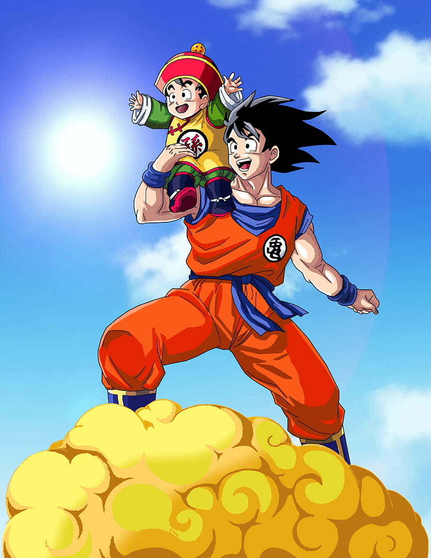 Goku and Young Gohan Riding the Flying Nimbus in Dragon Ball HD phone wallpaper