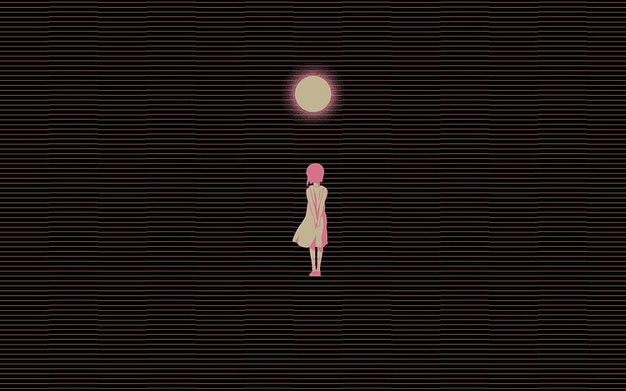 Serial Experiments Lain Anime Girl Standing Under Glowing Moon in Dark Minimalist Scene HD wallpaper