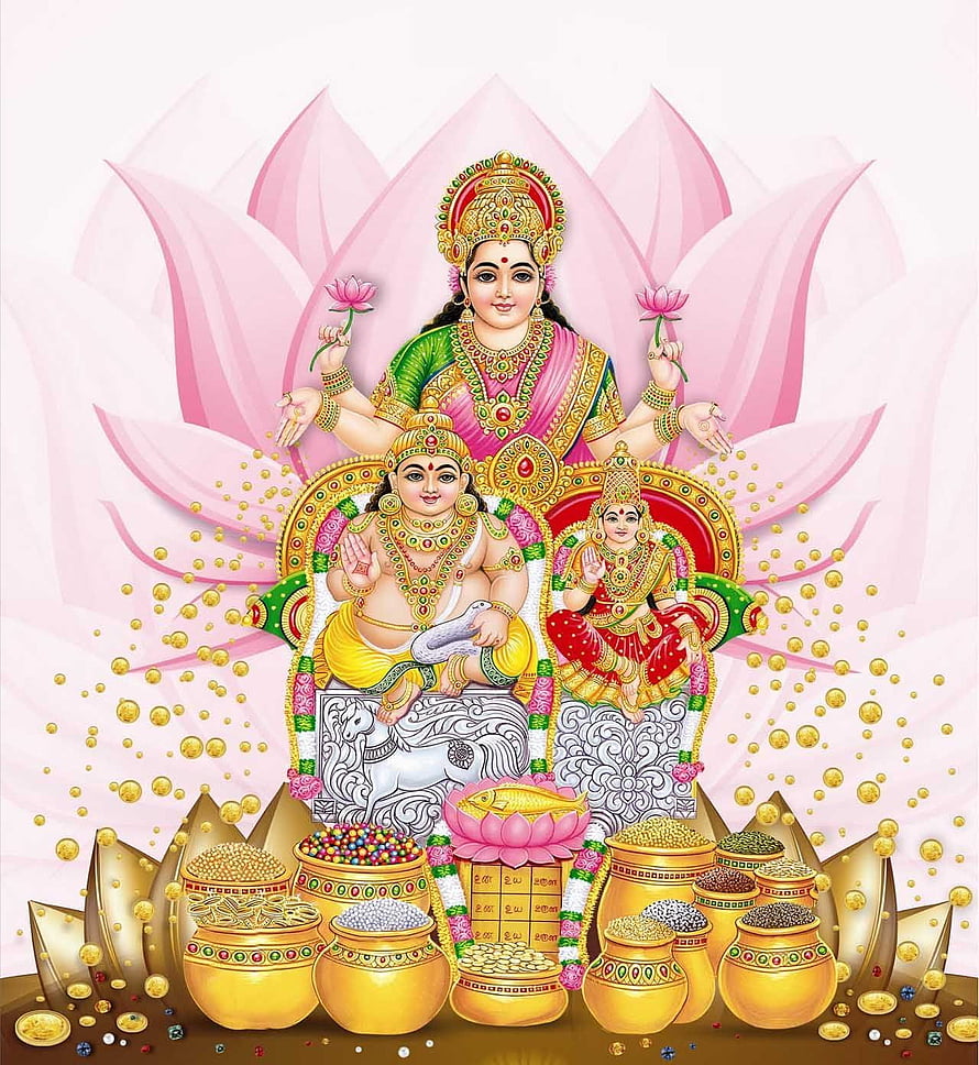 Kuber and Lakshmi Devotional Art with Golden Wealth Pots and Lotus HD phone wallpaper