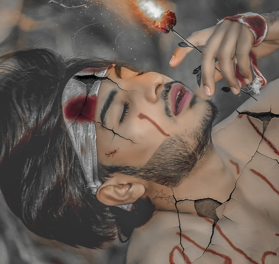 Injured Man With Cracked Skin Holding A Burning Rose In A Dark Fantasy Style, Alone Sad Broken Heart Boy Crying, broken dp HD wallpaper