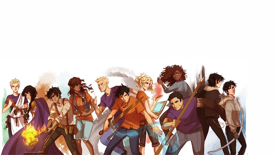 Percy Jackson and the Olympians Group Illustration with Annabeth and Camp Half-Blood Heroes HD wallpaper