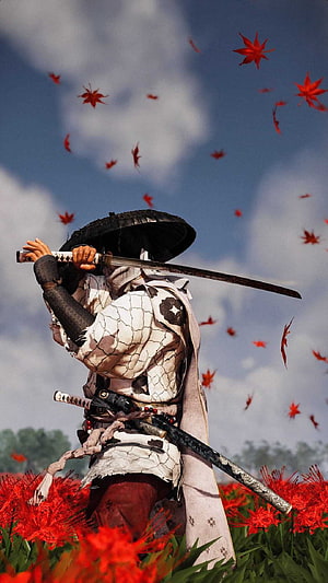 Ghost of Tsushima Samurai in Spider Pattern Armor Amidst Red Spider Lilies HD phone wallpaper