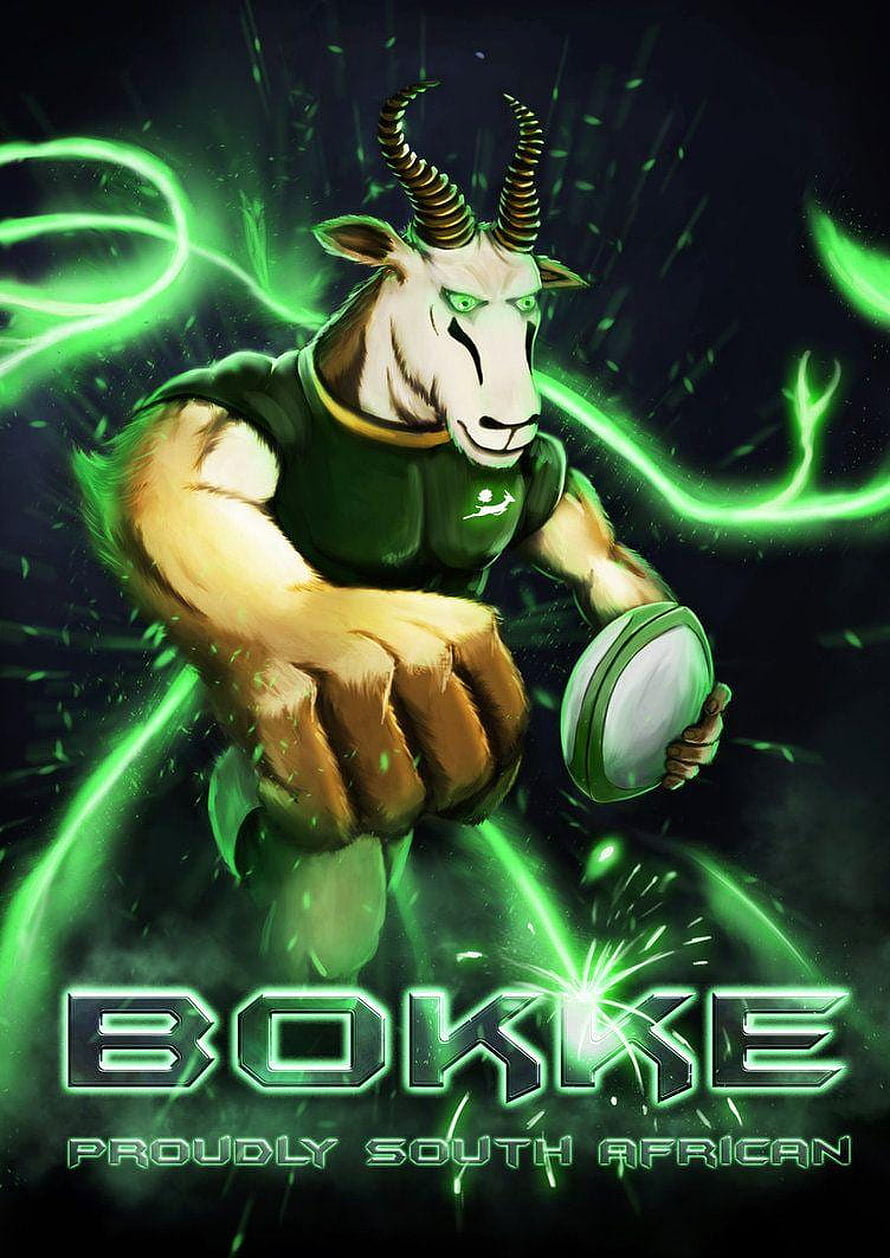Springbok Bokke Rugby Mascot with Glowing Green Energy and Rugby Ball HD phone wallpaper