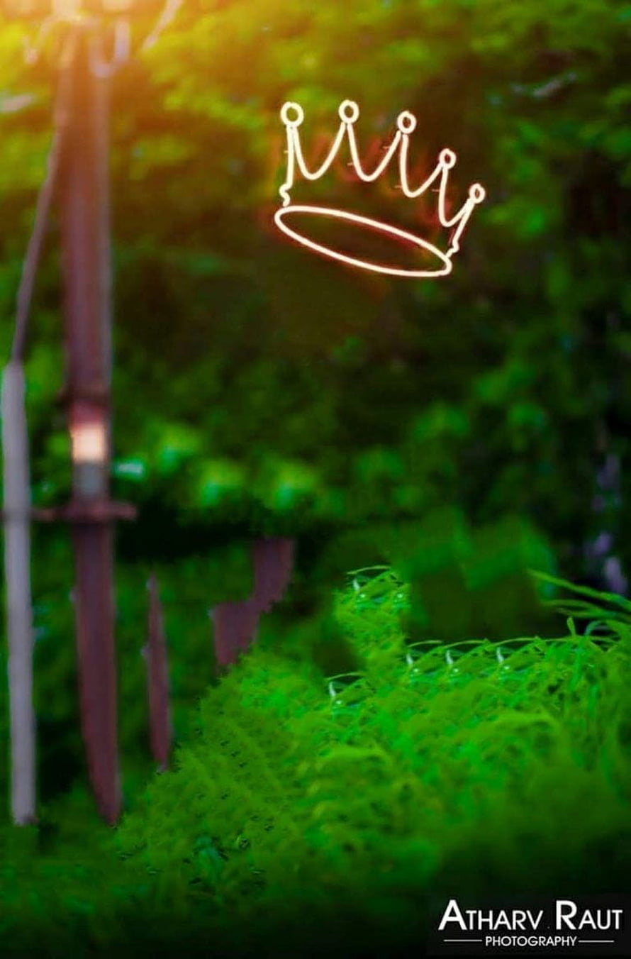 Glowing Crown Graphic Over Lush Green Foliage with Soft Bokeh and Warm Sunlight HD phone wallpaper