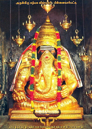 Karpaga Vinayagar Ganesha Temple Idol with Golden Crown and Flower Garland HD phone wallpaper