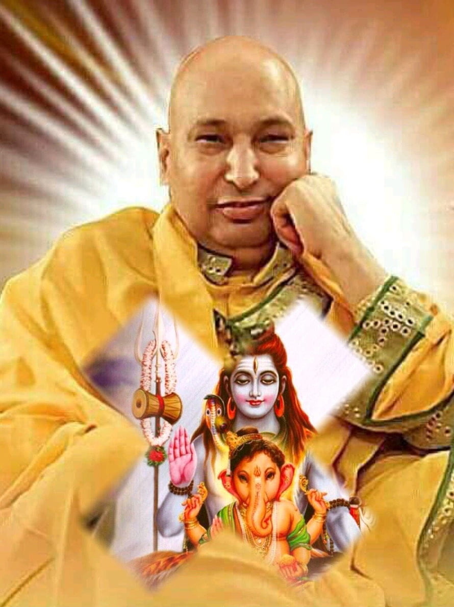 Guruji with Ganesha and Durga Devotional Portrait in Golden Robes HD phone wallpaper