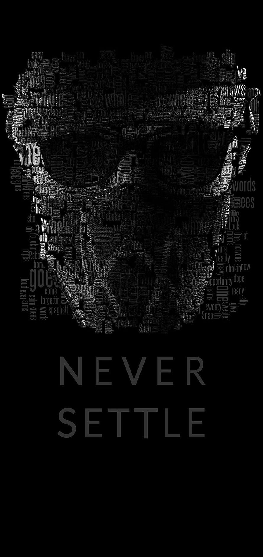OnePlus Never Settle Skull Word Art on Black Background HD phone wallpaper