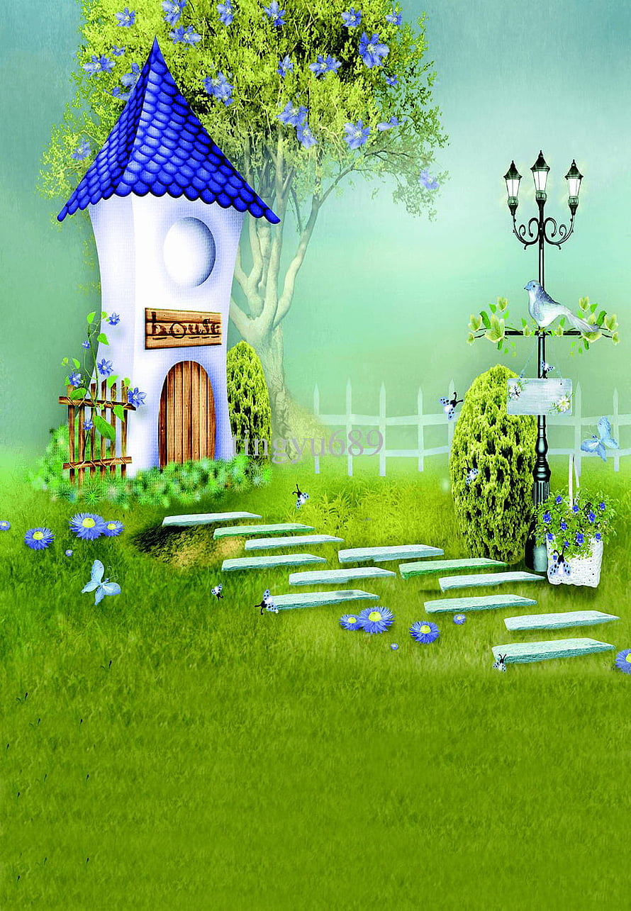 Whimsical Garden Scene with Blue Tower, Stepping Stones, and Flowering Tree HD phone wallpaper