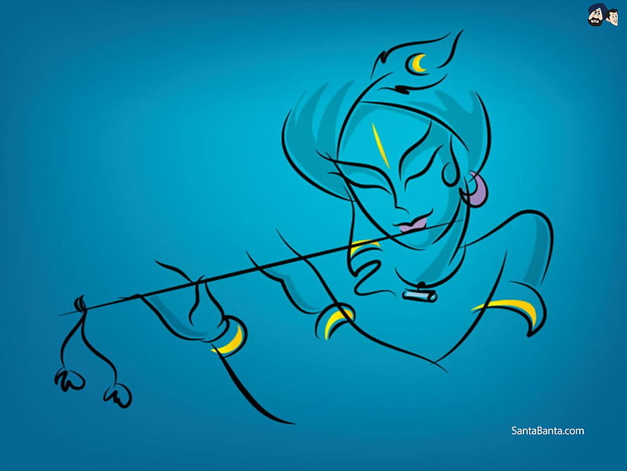Krishna Playing Flute Minimalist Line Art Illustration on Blue Background HD wallpaper