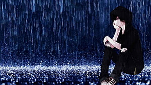 Melancholic Anime Boy Sitting in Heavy Rain with Hood Up HD wallpaper