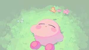 Kirby Resting Peacefully in a Lush Green Meadow with Flowers and a Butterfly HD wallpaper