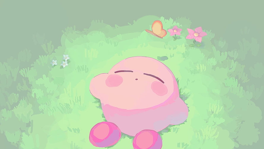 Kirby Resting Peacefully in a Lush Green Meadow with Flowers and a Butterfly HD wallpaper