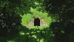 Mossy Stone Archway in Lush Forest, Studio Ghibli Style Digital Painting HD wallpaper