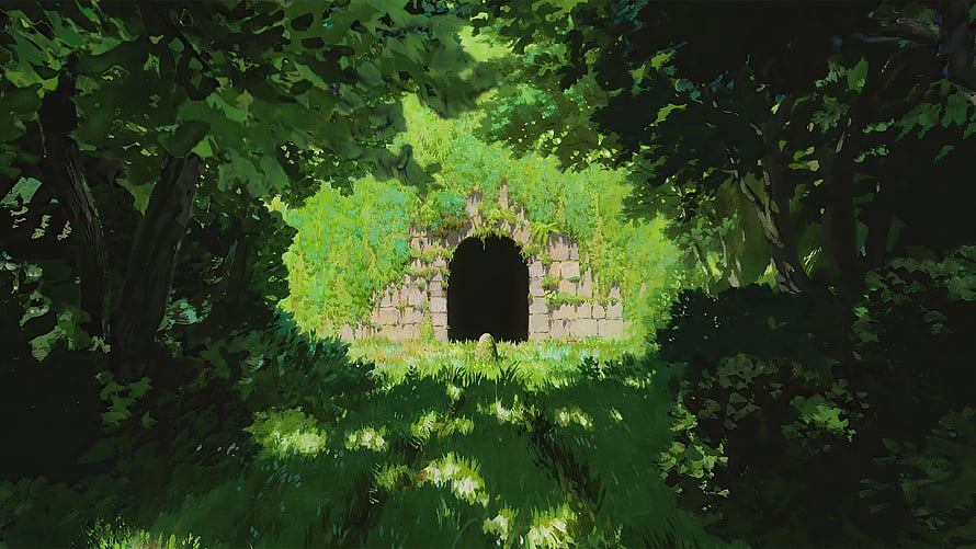 Mossy Stone Archway in Lush Forest, Studio Ghibli Style Digital Painting HD wallpaper