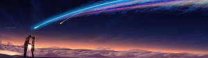 Your Name Anime Scene With Comet Trail And Couple Silhouette At Sunset HD wallpaper