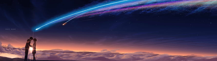 Your Name Anime Scene With Comet Trail And Couple Silhouette At Sunset HD wallpaper
