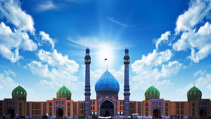 Jamkaran Mosque in Mashhad with Blue Dome and Minarets Under a Bright Sky HD wallpaper