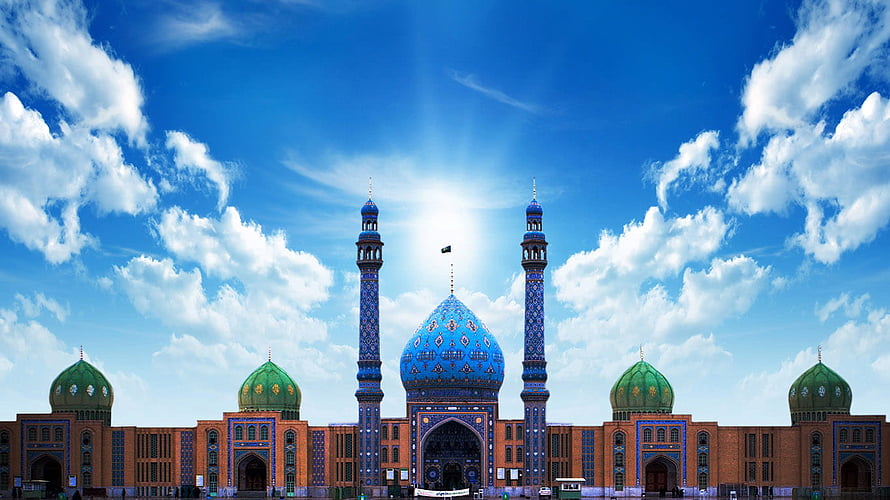 Jamkaran Mosque in Mashhad with Blue Dome and Minarets Under a Bright Sky HD wallpaper