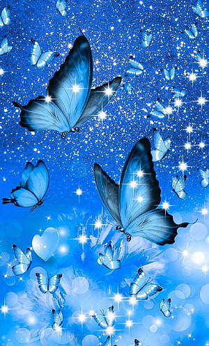 Dreamy Blue Morpho Butterflies Soaring Through a Sparkling Starry Night Sky HD phone wallpaper