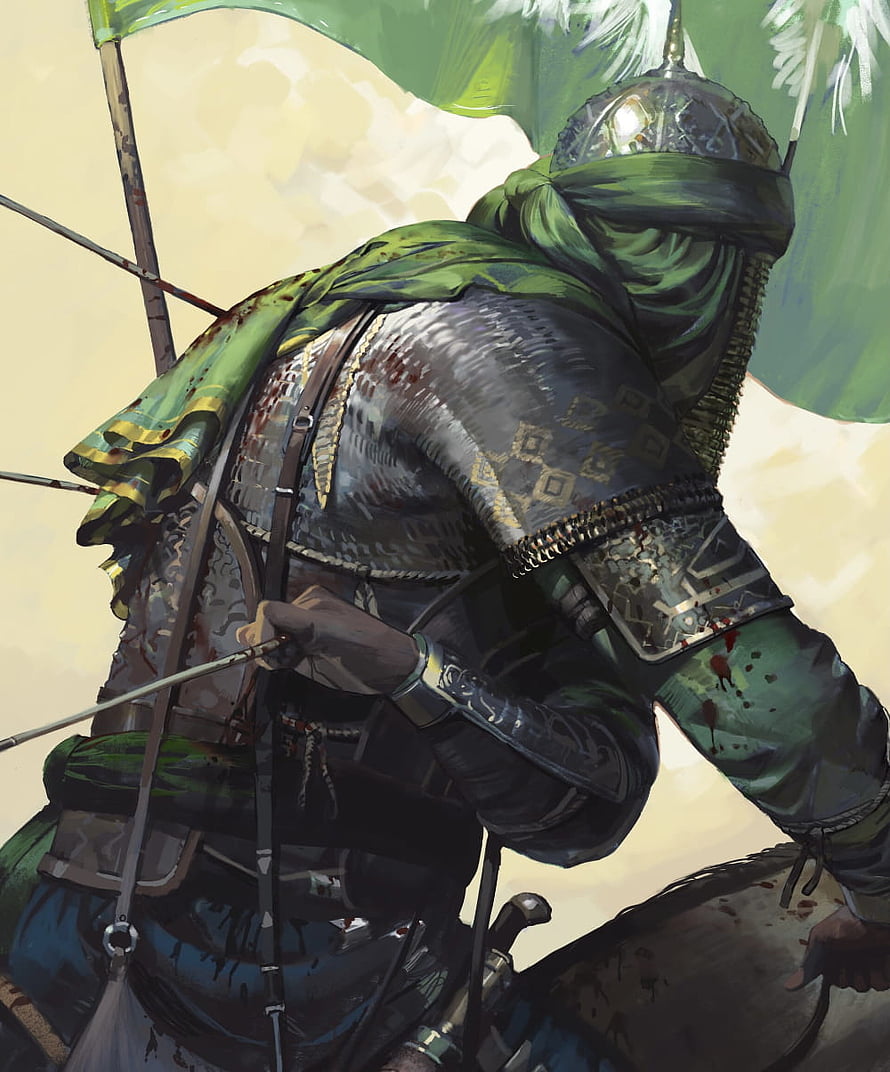 Arab Warrior in Ornate Armor and Green Cloak on Horseback HD phone wallpaper