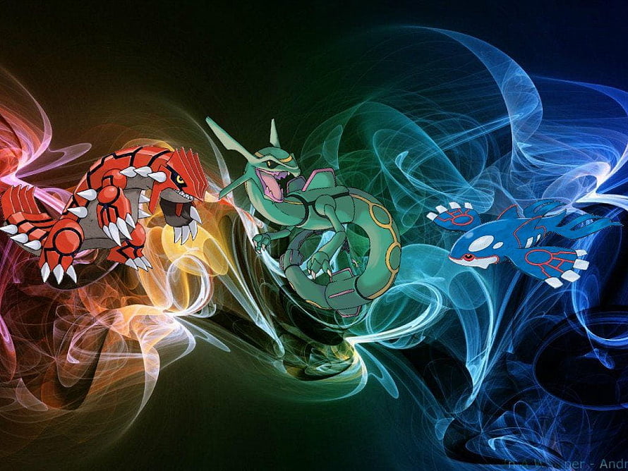 Legendary Pokemon Trio: Groudon, Rayquaza, and Kyogre in Dynamic Elemental Battle HD wallpaper