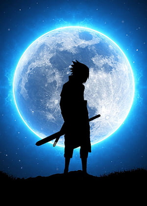 Sasuke Uchiha Silhouette Standing Before a Glowing Blue Moon in Naruto Shippuden HD phone wallpaper