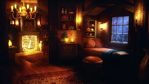 Warm Medieval Interior with Fireplace and Snowy Window at Night HD wallpaper