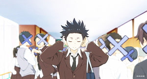 Shoya Ishida from A Silent Voice covering his ears in a school hallway HD wallpaper