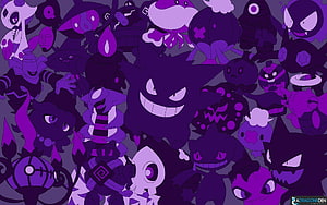 Gengar and Ghost Type Pokemon Purple Monochrome Group Illustration HD wallpaper