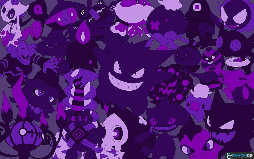 Gengar and Ghost Type Pokemon Purple Monochrome Group Illustration HD wallpaper