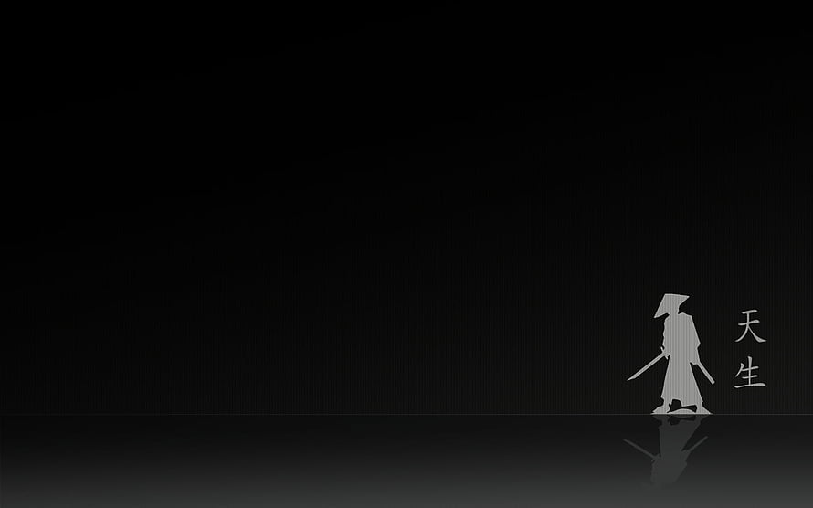 Minimalist Black and White Samurai Silhouette with Japanese Calligraphy HD wallpaper