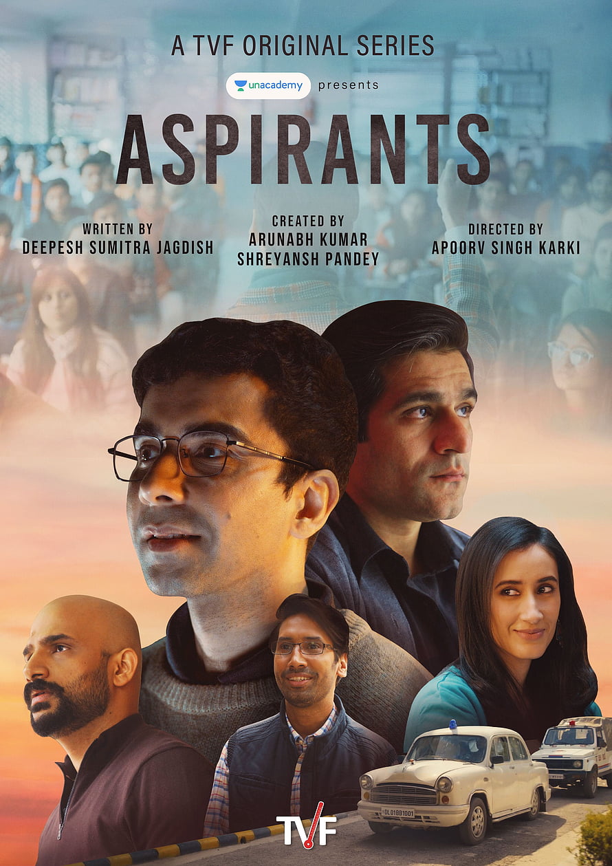 Aspirants TVF Original Series Poster Featuring Main Cast and Vintage Taxis HD phone wallpaper