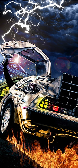 Marty McFly and the DeLorean Time Machine in a Dramatic Lightning Storm HD phone wallpaper