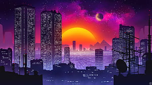 Vibrant Retrowave Cityscape with Neon Sunset and Alien Planet HD wallpaper