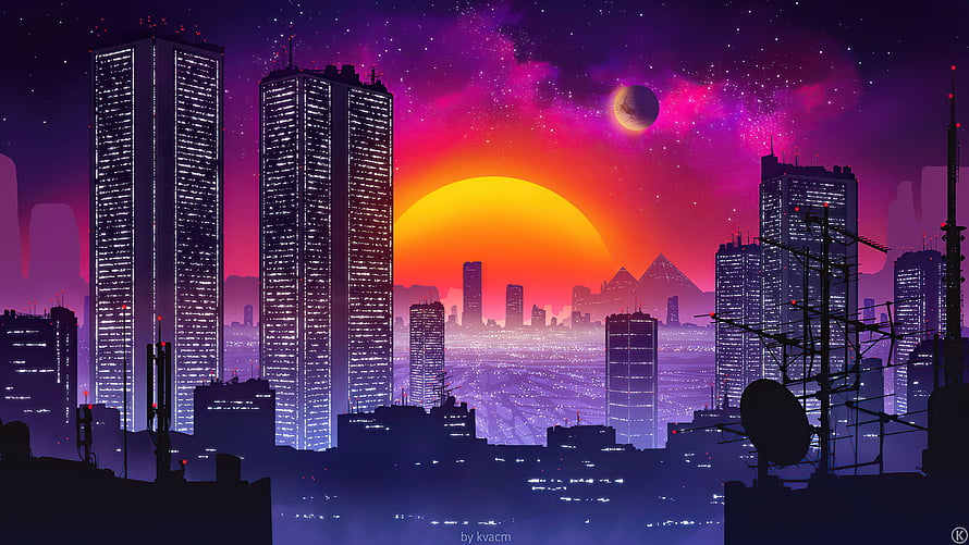 Vibrant Retrowave Cityscape with Neon Sunset and Alien Planet HD wallpaper