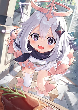 Paimon from Genshin Impact in a Chibi Style with a Pink Halo and White Hair HD phone wallpaper