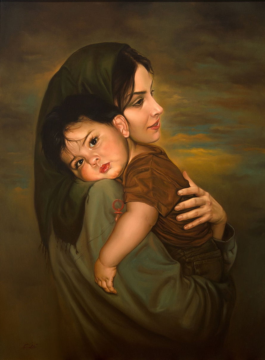 Realistic Oil Painting of a Mother Holding Her Baby Against a Dramatic Sky HD phone wallpaper