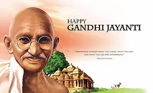 Mahatma Gandhi Portrait with Temple and Quote for Gandhi Jayanti Celebration HD wallpaper