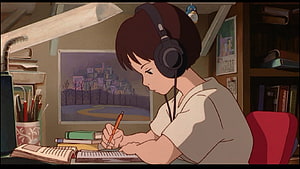 Whisper of the Heart Anime Girl Studying at Desk with Headphones HD wallpaper