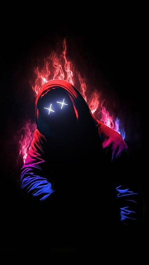 Glowing Cross-Eyed Hooded Figure in Fiery Red and Blue Neon Flames HD phone wallpaper